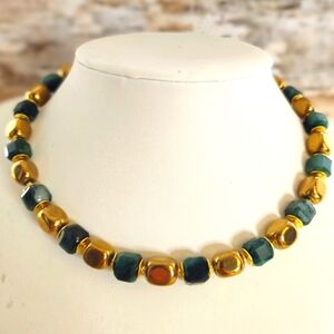 Chunky Green Emerald & Gold Plated Over Hematite Nuggets Necklace Choker
